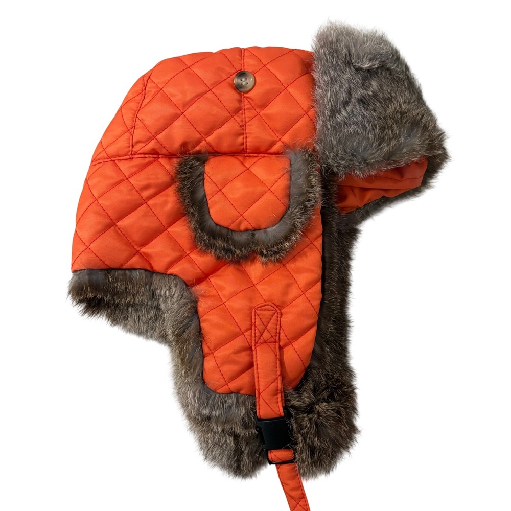 J. McLaughlin Orange Quilted Trapper Hat Real Fur Trim Ear Flaps XS/S Winter